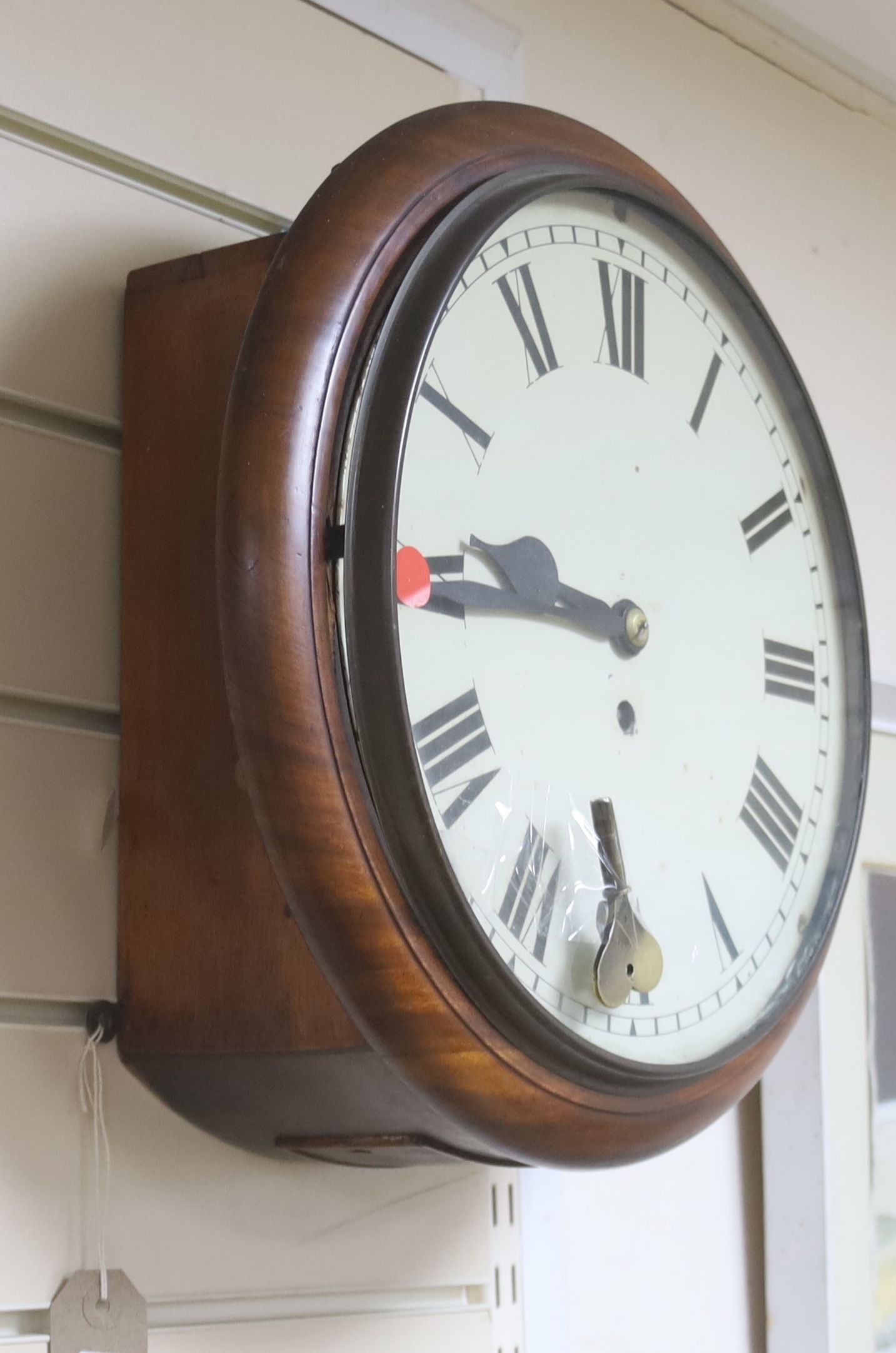 A Victorian mahogany wall timepiece, with single fusee movement, diameter 37.5 cm